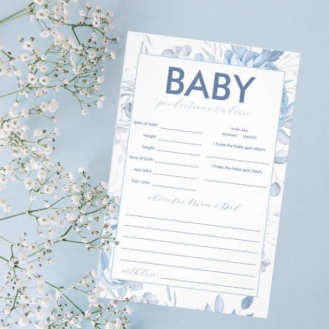 Dusty Blue Blommig Baby Förutsägelser och Råd Spel Flygblad (Blue Floral Baby Predictions and Advice Baby Shower Game)