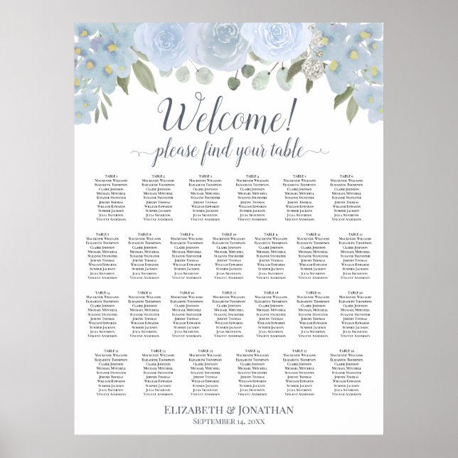 Dusty Blue Blommig Bordplacering för 26 Bröllopsbo Poster (Framsidan)