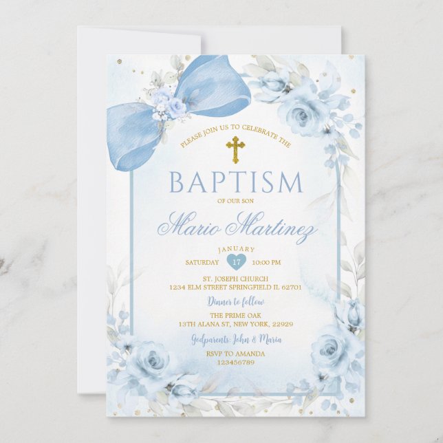 Dusty Blue Blommig Bow Coquette Guld Kors Dop Inbjudningar (Framsida)