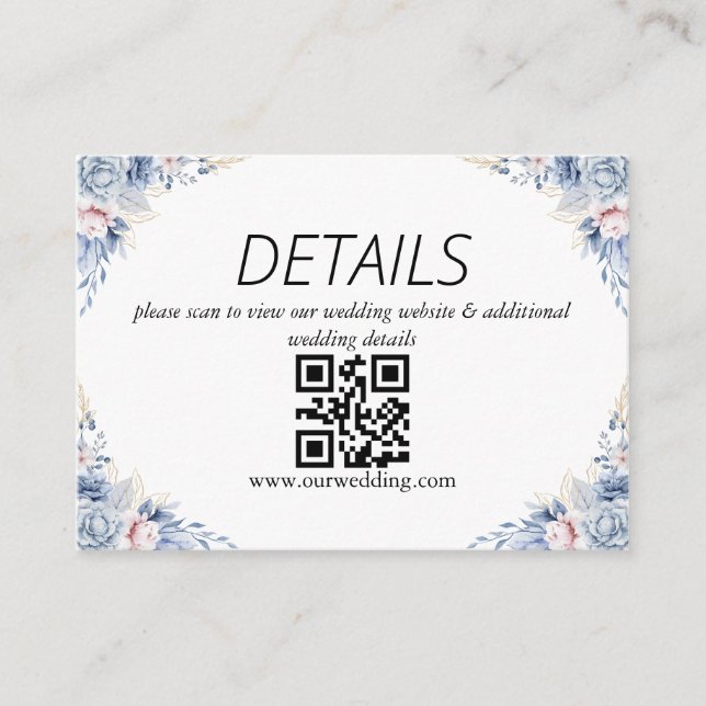 Dusty Blue Blommig Bröllops QR-kod Tilläggskort (Framsida)
