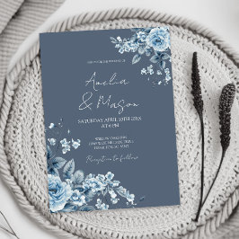 Dusty Blue Blommig Elegant Script Bröllop Inbjudningar