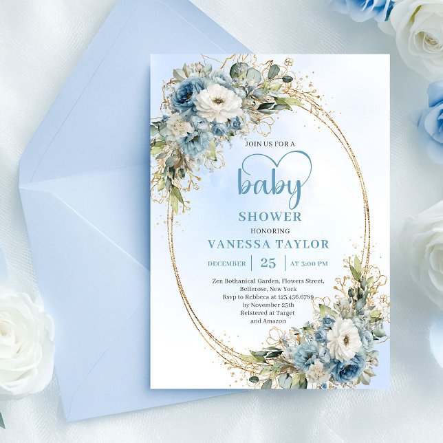 Dusty Blue Blommig Eucalyptus Guld Skrift Barnkala Inbjudningar (Dusty Blue Floral Eucalyptus Gold Script Baby Shower

)