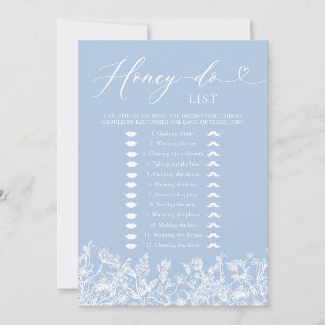 Dusty Blue Blommig Honey Do List Bröllopsduschspel Inbjudningar (Framsida)
