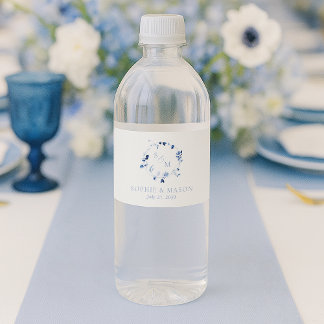 Dusty Blue Blommig Monogram Bröllop Vattenflaskor Etikett