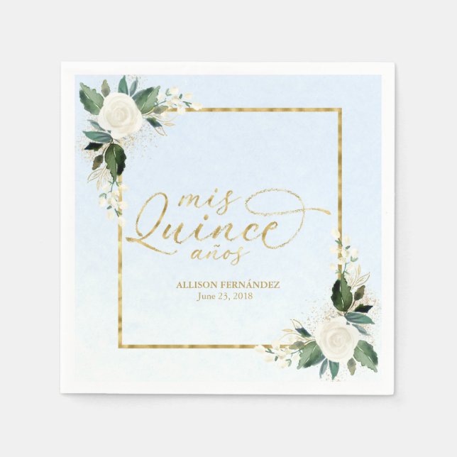 Dusty Blue Blommig Quinceanera Pappersservett (Framsidan)