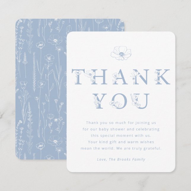 Dusty Blue Blommig Tacksamhetskort | Baby Shower Tack Kort (Fram/baksida)