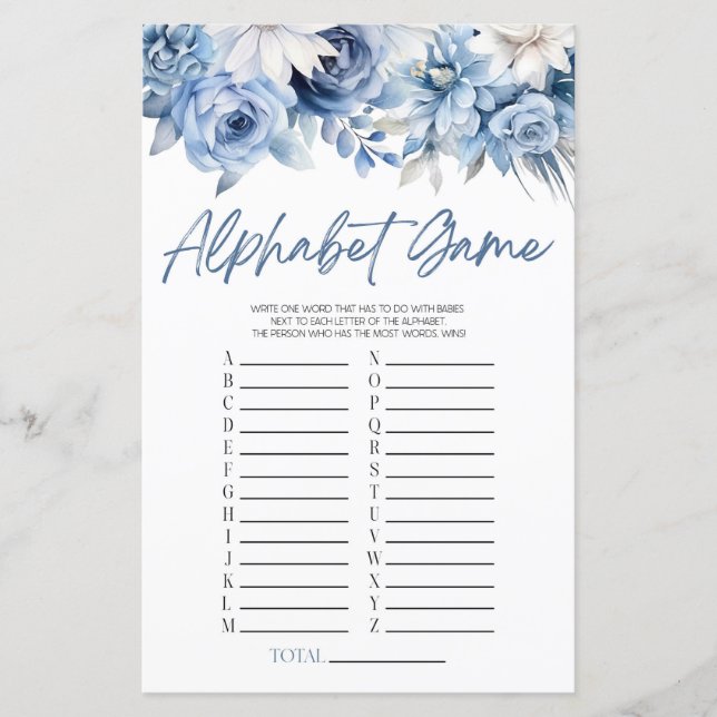 Dusty Blue Blommigt Alphabet Baby Shower Game (Framsida)