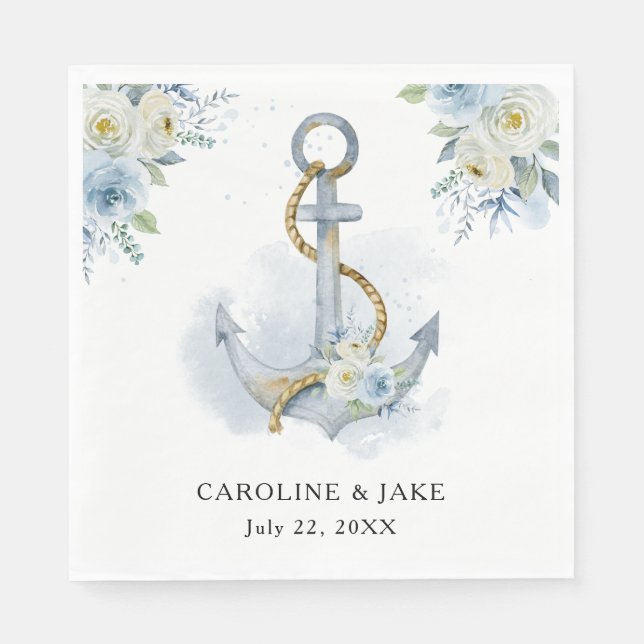 Dusty Blue Blommigt Anchor Nautical Bröllop Pappersservett (Framsidan)