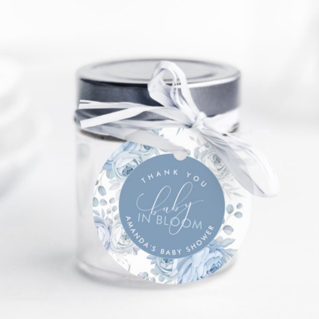Dusty Blue Blommigt Baby i Bloom Baby Shower Gåvor Etiketter (Baby in Bloom Dusty Blue Favor Tags)