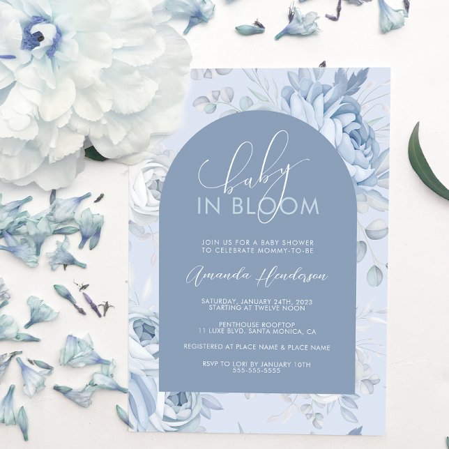 Dusty Blue Blommigt Baby i Bloom Baby Shower Inbjudningar (Skapare uppladdad)