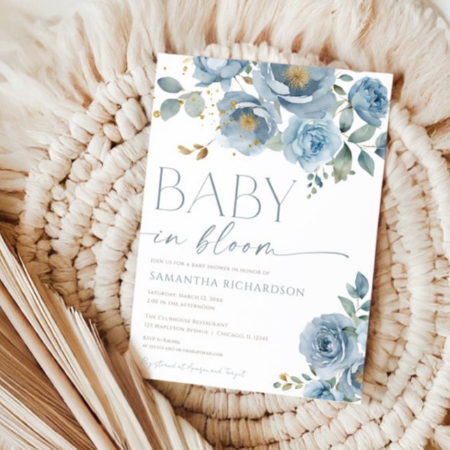 Dusty blue blommigt Baby i Bloom boydusch Inbjudningar (Skapare uppladdad)