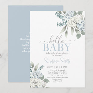 Dusty Blue Blommigt Baby Shower Boy-inbjudan Inbjudningar