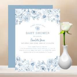 Dusty Blue Blommigt Baby Shower Inbjudan med Elega