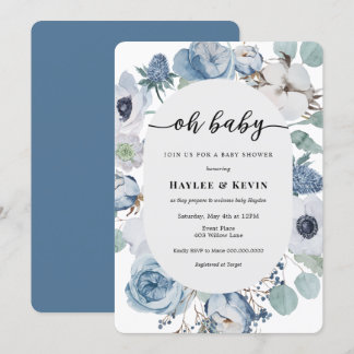 Dusty Blue Blommigt = Babybildsinbjudan Inbjudningar