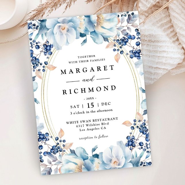 Dusty Blue Blommigt Berry jul Winter Wedding Inbjudningar (Skapare uppladdad)