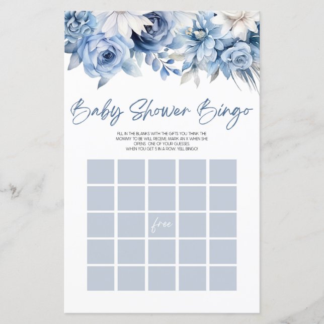 Dusty Blue Blommigt Bingo Baby Shower Game (Framsida)