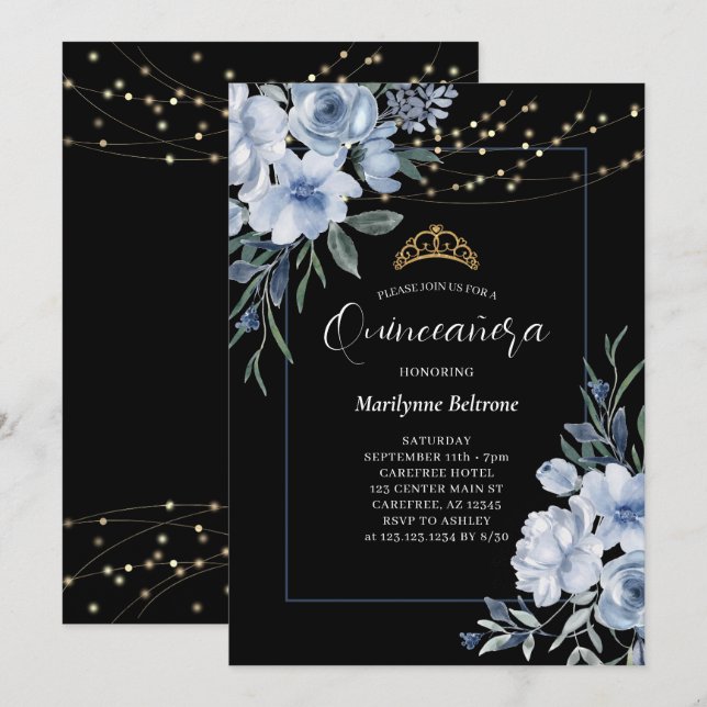Dusty Blue Blommigt Black Quinceañera-inbjudan Inbjudningar (Fram/baksida)