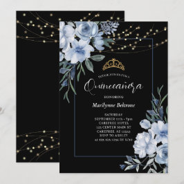 Dusty Blue Blommigt Black Quinceañera-inbjudan Inbjudningar