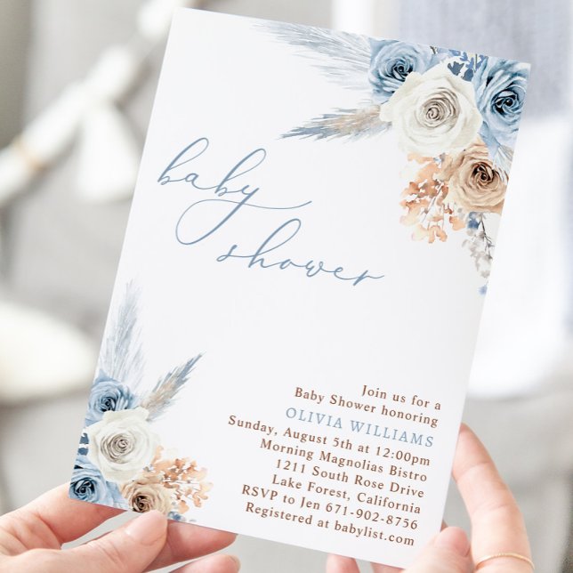 Dusty Blue Blommigt Boho Baby Shower Inbjudningar (Skapare uppladdad)