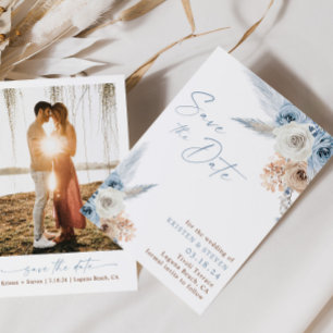 Dusty Blue Blommigt Boho Möhippa Spara datum Inbjudningar