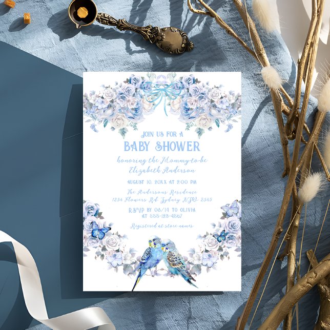 Dusty Blue Blommigt Bow Whimsical Baby Shower Inbjudningar (Skapare uppladdad)