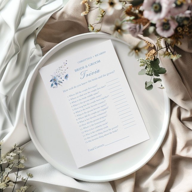 Dusty Blue blommigt bride & Groom Trivia-spelkort OSA Kort (Skapare uppladdad)