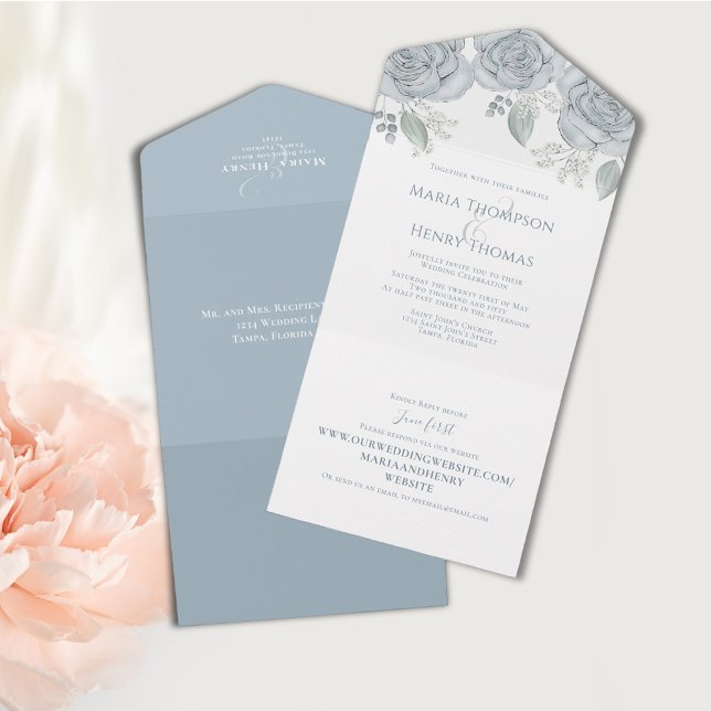 Dusty Blue Blommigt Bröllop alla i ett (Watercolor blue floral all in one wedding invitation. )