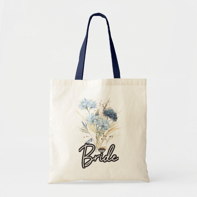 Dusty Blue Blommigt Bröllop Bride Tote Bag Tygkasse (Framsidan)