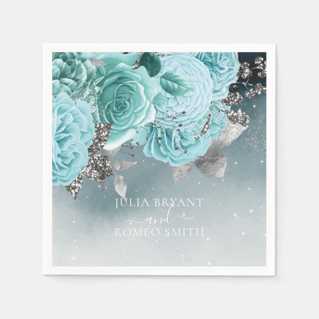 Dusty Blue Blommigt Bröllop Luxury Pappersservett (Framsidan)