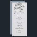 Dusty Blue Blommigt Bröllop Menu Meny<br><div class="desc">Presentera din bröllop-måltid med stil med hjälp av denna elegant dammig blå blommigt-meny. Mjuka blommar med silver-toner och elegant kalligrafi skapar ett romantiskt,  förfinat utseende. Perfekt för vinter eller minimalistiskt bröllop lägger den här menyn till en känslig beröring av naturinspirerad charm till inställningen för bord vid mottagningen.</div>