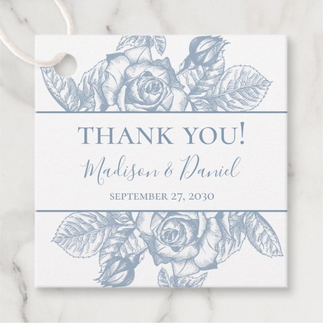 Dusty Blue Blommigt Bröllop Tack Gåvor Etiketter (Framsida)