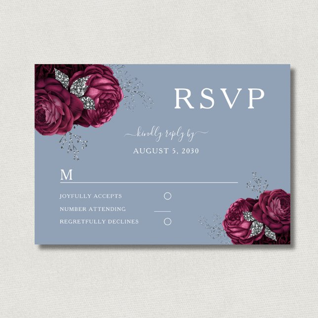 Dusty Blue Blommigt Burgundy Peonies Elegant bröll OSA Kort (Elegant Floral Dusty Blue Burgundy Wedding RSVP Card)