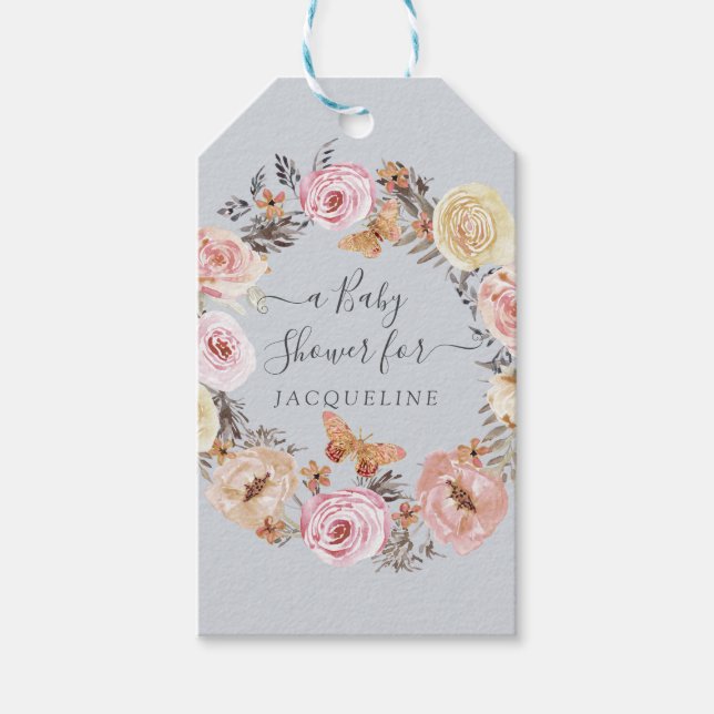 Dusty Blue Blommigt Butterfly and Baby Shower Presentetikett (Framsidan)
