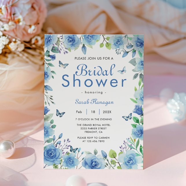 Dusty Blue Blommigt Butterfly Möhippa Inbjudningar (Watercolor Dusty Blue Floral Greenery Butterfly bridal shower)