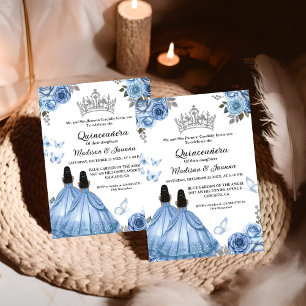 Dusty Blue Blommigt Butterfly Twin Girl Quinceaner Inbjudningar