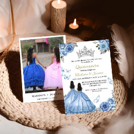 Dusty Blue Blommigt Butterfly Twin Girl Quinceaner Inbjudningar