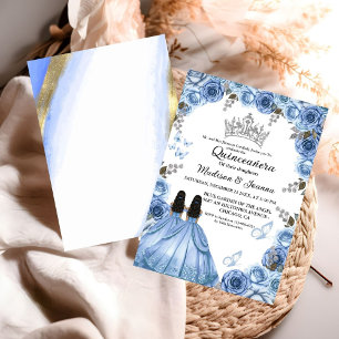 Dusty Blue Blommigt Butterfly Twin Girl Quinceaner Inbjudningar