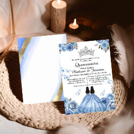 Dusty Blue Blommigt Butterfly Twin Quinceanera Inbjudningar