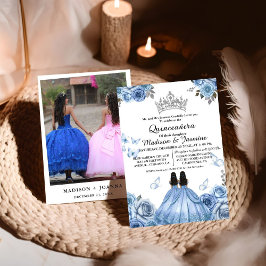 Dusty Blue Blommigt Butterfly Twin Quinceanera Inbjudningar
