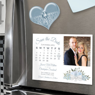 Dusty Blue Blommigt Calendar Photo Save Date Magnetisk Inbjudningskort
