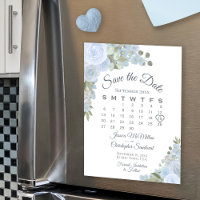 Dusty Blue Blommigt Calendar Spara datum magneter