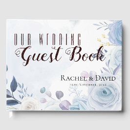 Dusty Blue Blommigt de levde lyckligt efter Bröllo Gästböcker