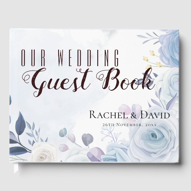 Dusty Blue Blommigt de levde lyckligt efter Bröllo Gästböcker (Framsida)