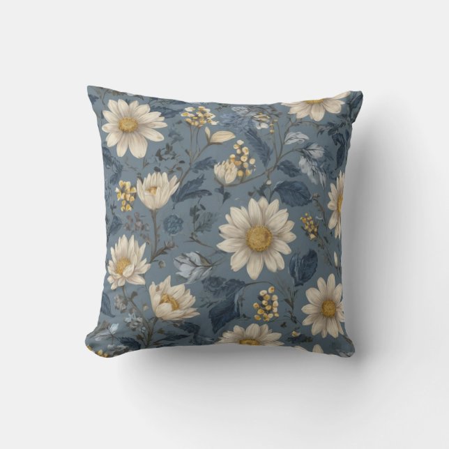 Dusty Blue Blommigt Dekorativ kudde (Framsida)