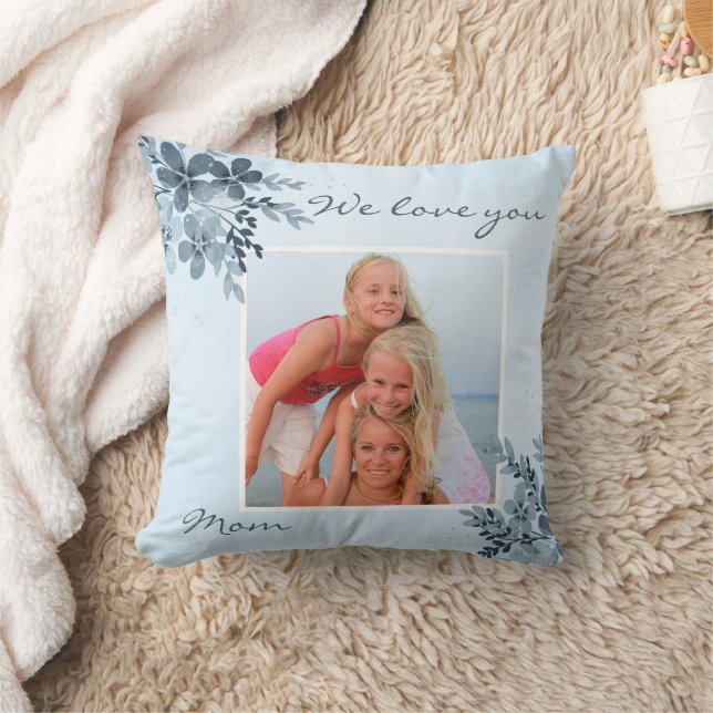 Dusty Blue Blommigt Design Mamma Photo Pillow Kudde (Filt)