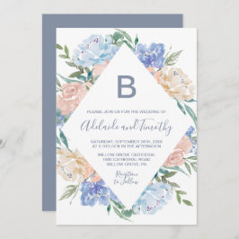 Dusty Blue Blommigt Diamond Monogram Bröllop i Inbjudningar