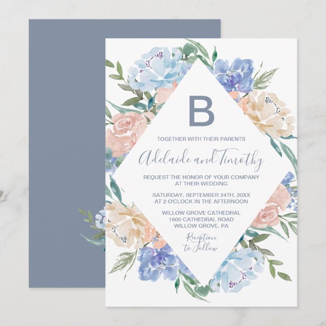Dusty Blue Blommigt Diamond Monogram Bröllop Inbjudningar (Fram/baksida)