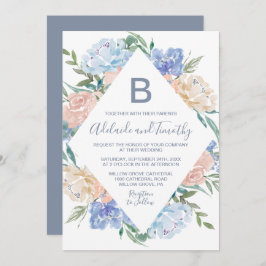 Dusty Blue Blommigt Diamond Monogram Bröllop Inbjudningar