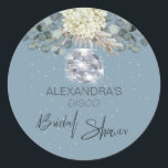 Dusty Blue Blommigt Disco Boll Möhippa Runt Klistermärke<br><div class="desc">Ange scenen för ett Disco-temat firande. Dusty blue är bakgrunden till färg för blommigten Disco boll elegant anpassningsbar Möhippa design. färgader i silver finns också på designen. Ändra enkelt informationen till ditt eget anpassad design.</div>