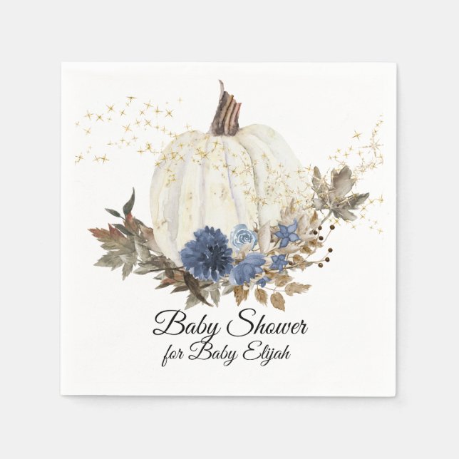 Dusty Blue Blommigt Fall Pumpkin Guld Baby Shower Pappersservett (Framsidan)